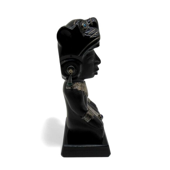 Obsidian Black Stone Sculpture with 925 Silver Accents Taxco Mexico Vintage - Picture 2 of 13
